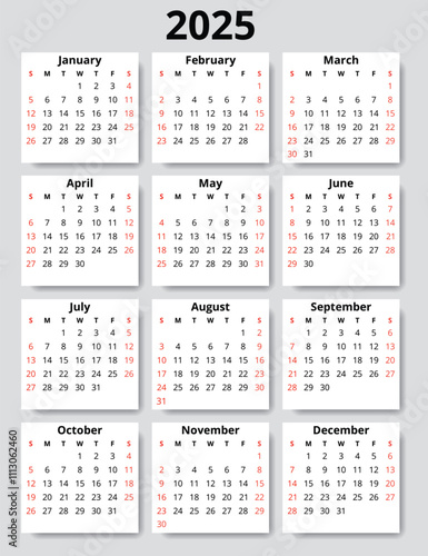 2025 year english vector calendar with 12 months