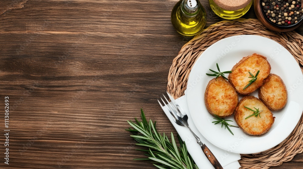 Crispy fried potatoes seasoned with rosemary served on a white plate, accompanied by olive oil and a pepper mill on a rustic table Crispy fried potatoes seasoned with rosemary served on a white plate, accompanied by olive oil and a pepper mill on a rustic table