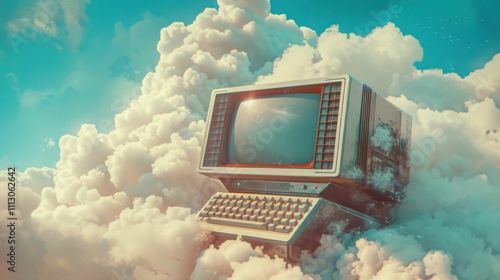 Wallpaper Mural retro computer, cloud background, surreal atmosphere, blue sky, whimsical concept, technology nostalgia, digital art, imaginative scene, vintage aesthetics, dreamy visuals Torontodigital.ca