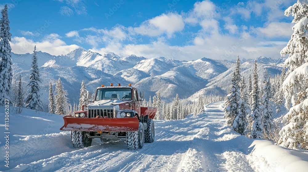 A large snow plow parked on a snowy mountain road, surrounded by a serene winter landscape A large snow plow parked on a snowy mountain road, surrounded by a serene winter landscape