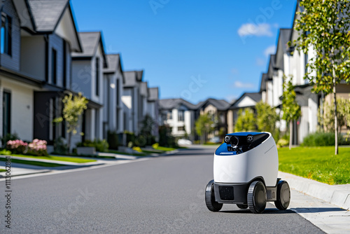 Advanced autonomous delivery robot navigating residential neighborhood, technological innovation photo