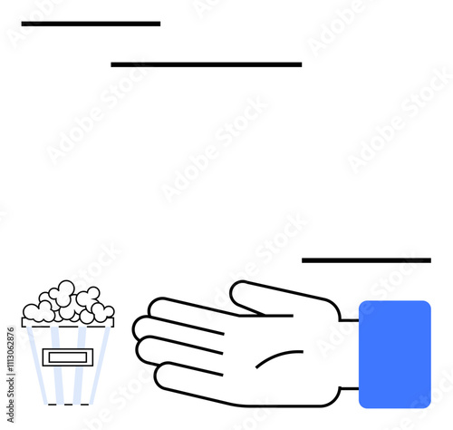 Outstretched hand next to a box of popcorn and three horizontal lines. Ideal for concepts of sharing, generosity, giving, community, compassion, cinema, and food enjoyment. Line metaphor