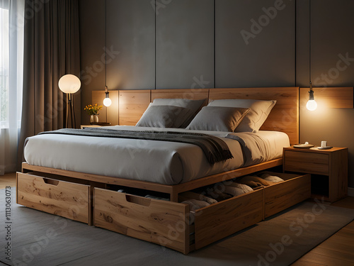 Cozy Under-Bed Storage Space in a Compact Bedroom with Sleek Drawer Handles and Warm Lighting
