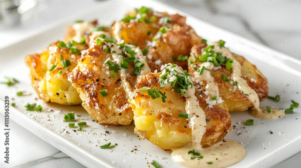 Crispy Smashed Potatoes with Garlic Aioli and Fresh Herbs, Side Dish Photography Crispy Smashed Potatoes with Garlic Aioli and Fresh Herbs, Side Dish Photography