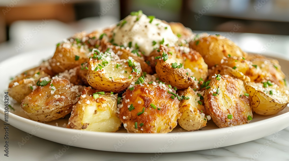 Crispy Smashed Potatoes with Garlic Aioli and Fresh Herbs, Side Dish Photography Crispy Smashed Potatoes with Garlic Aioli and Fresh Herbs, Side Dish Photography