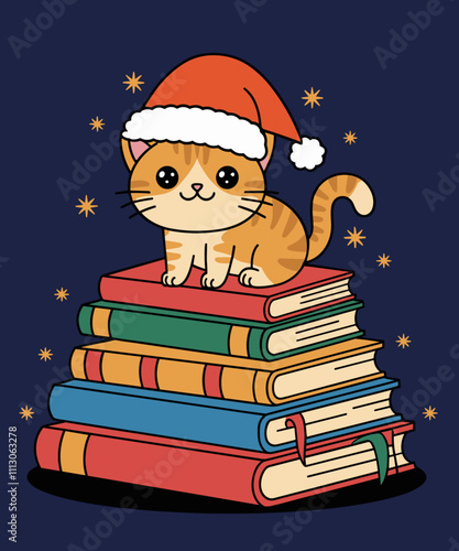 santa hat cat and book lover