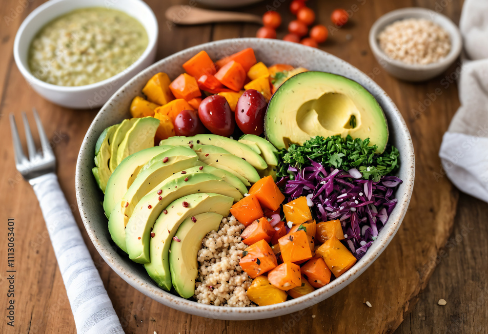 Sliced avocado with assorted raw vegetables and bean dip Sliced avocado with assorted raw vegetables and bean dip