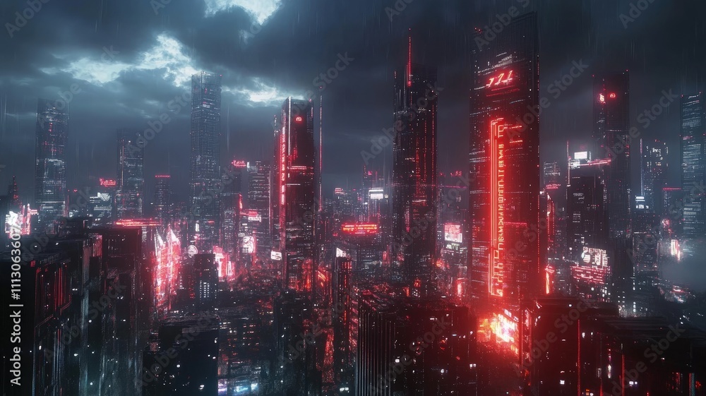 Fototapeta premium A futuristic cityscape illuminated by neon lights under a stormy sky.