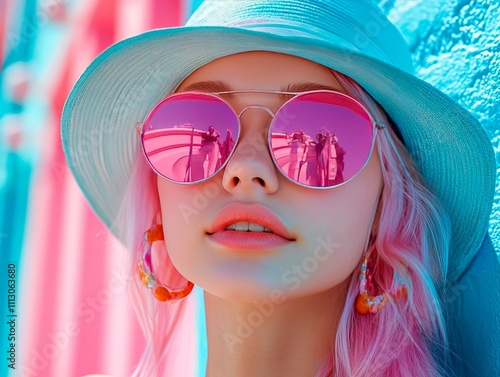 Portrait of a fashionable individual wearing bright pink sunglasses, dyed pastel hair, glossy lip color, and intricate earrings The background is vibrant with blues and pinks Soft lighting, possibl photo