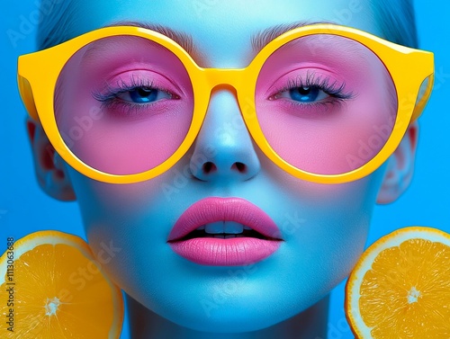 Close-up of a woman wearing vibrant sunglasses, with accentuated eyes and glossy lips in a neon color palette Image could be related to fashion or beauty promotion, featuring contrasting cluster of photo