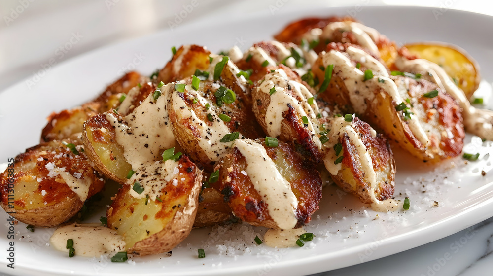 Crispy Smashed Potatoes with Garlic Aioli and Fresh Herbs, Side Dish Photography Crispy Smashed Potatoes with Garlic Aioli and Fresh Herbs, Side Dish Photography