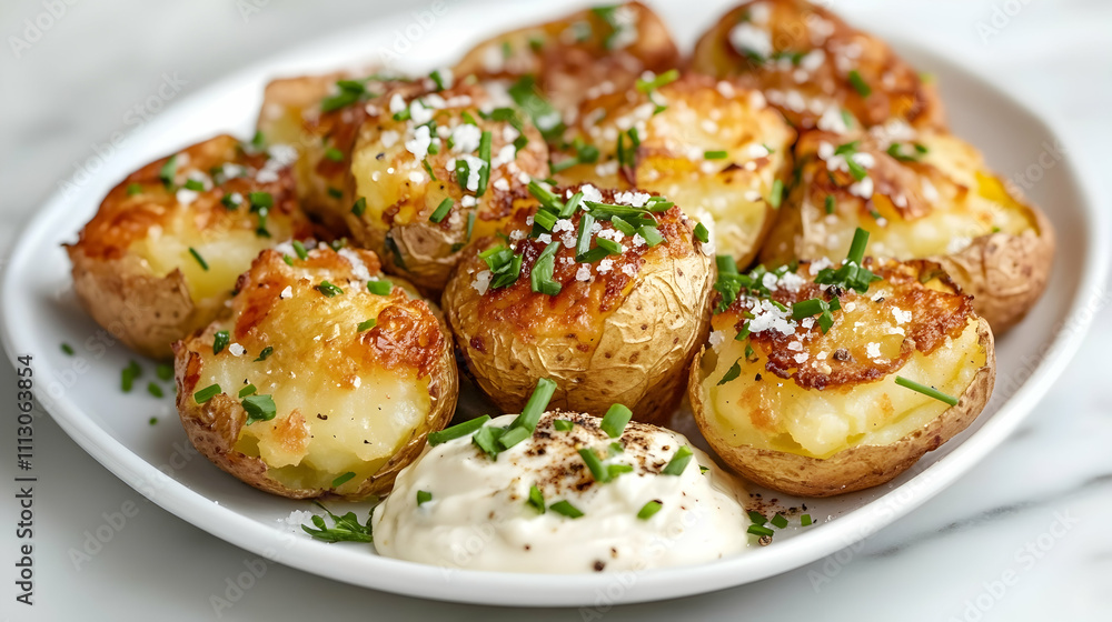 Crispy Smashed Potatoes with Garlic Aioli and Fresh Herbs, Side Dish Photography Crispy Smashed Potatoes with Garlic Aioli and Fresh Herbs, Side Dish Photography