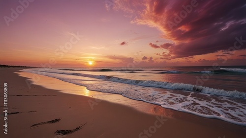 Serene sunrise over tranquil beach, gentle waves lapping at the shore.