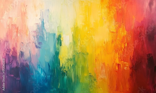 An abstract painting of a rainbow with thick, textured brush strokes, featuring vibrant colors transitioning smoothly across the spectrum.