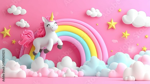 Unicorn Soaring Over Rainbow With Clouds And Stars