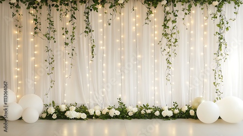  Elegant wedding backdrop with sheer fabric, fairy lights, greenery, and white balloons.