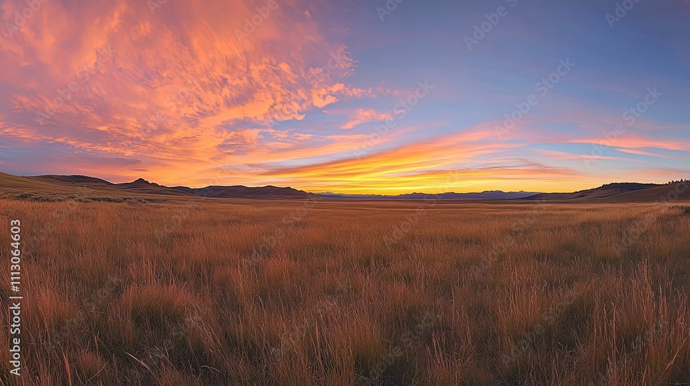 Obraz premium Golden Sunrise Over Grassland And Distant Mountains
