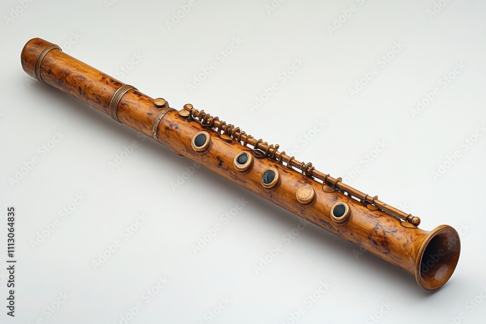 Naklejka premium Antique wooden flute with brass keys, isolated on white.