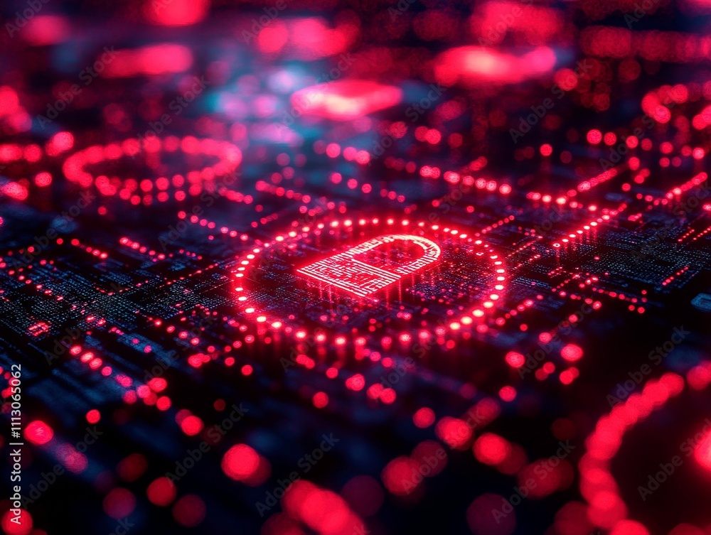 Close-up image of a security-themed microchip bathed in red light, resembling a starry night sky due to evenly spaced small points Logo at the center suggests digital security Close-up image of a security-themed microchip bathed in red light, resembling a starry night sky due to evenly spaced small points Logo at the center suggests digital security