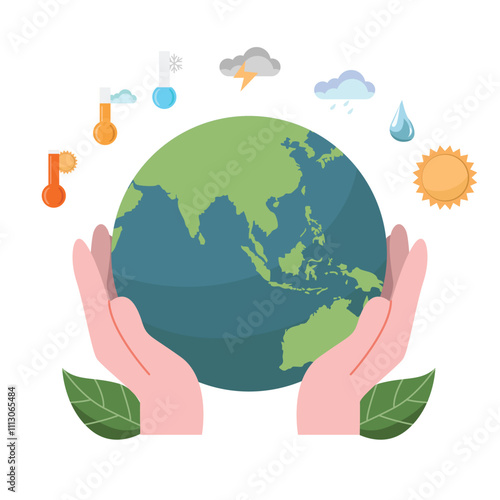 Two hands cradle the Earth (Asia visible), surrounded by clouds, sun, raindrops, notes, and leaves. Soft blues, greens, and pinks symbolize harmony, sustainability, and humanity's bond with nature.