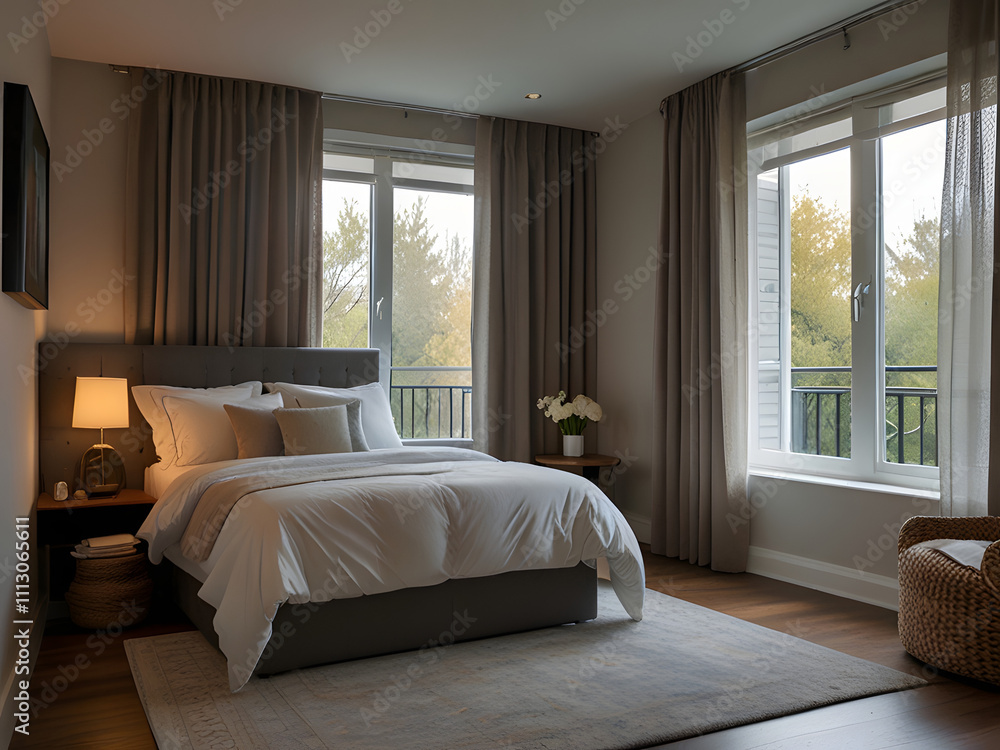 Well-Appointed Small Modern Bedroom with Queen-Sized Bed, Bedside Tables, and Large Window with Curtains Well-Appointed Small Modern Bedroom with Queen-Sized Bed, Bedside Tables, and Large Window with Curtains