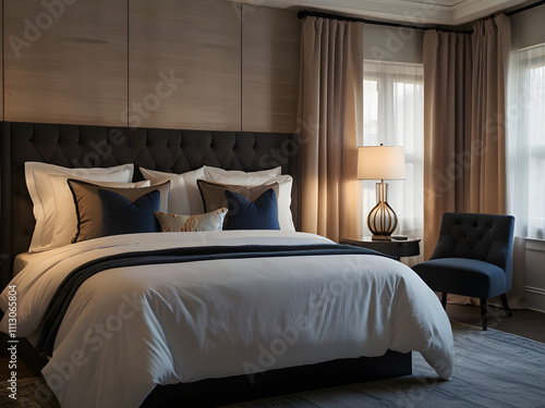 Wallpaper Mural Well-Appointed Small Modern Bedroom with Queen-Sized Bed, Bedside Tables, and Large Window with Curtains Torontodigital.ca