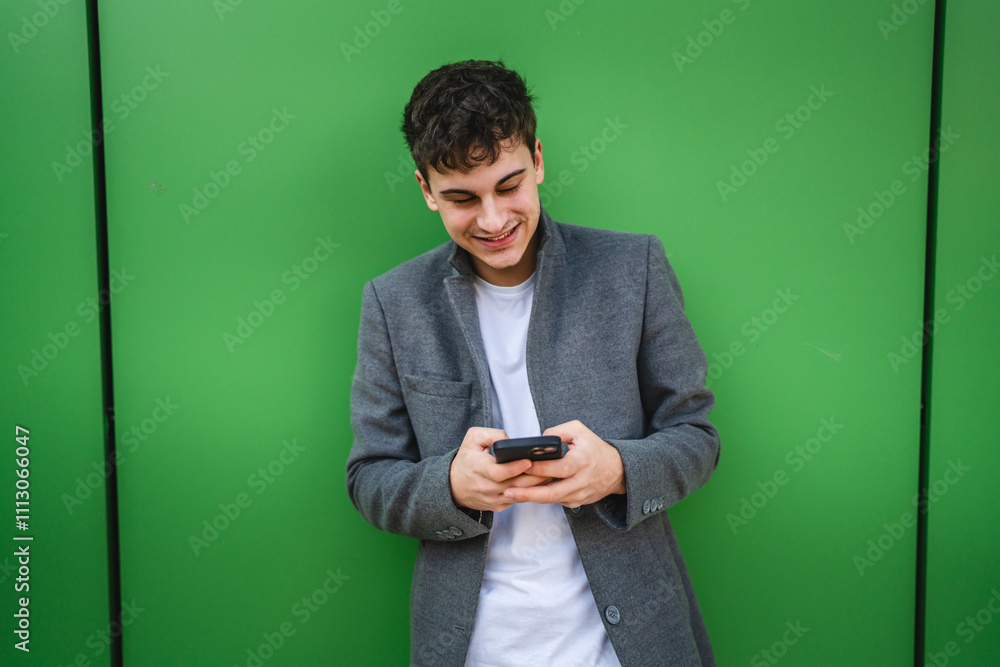young cheerful man use mobile phone in front green wall outdoor young cheerful man use mobile phone in front green wall outdoor