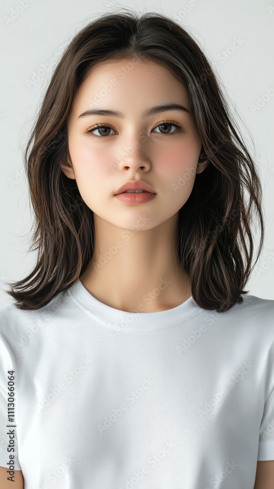 A portrait of a young woman with long hair, wearing a plain white t-shirt, against a neutral background. A portrait of a young woman with long hair, wearing a plain white t-shirt, against a neutral background.