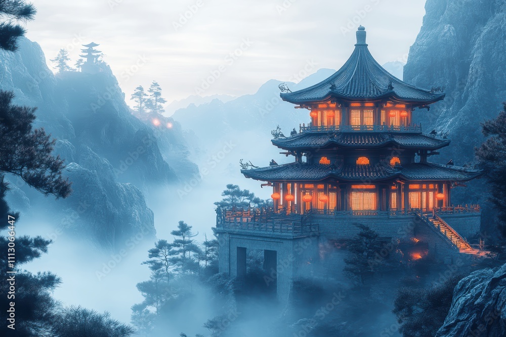 Serene mountain pagoda surrounded by misty landscapes and soft lighting. Serene mountain pagoda surrounded by misty landscapes and soft lighting.