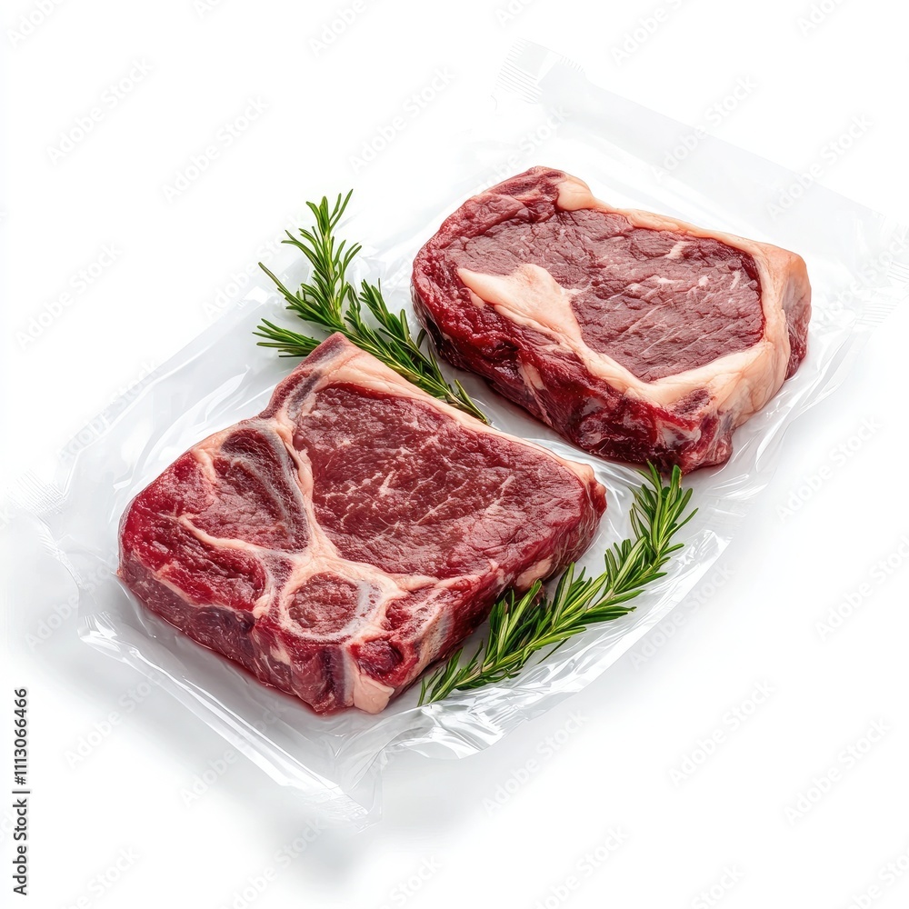 Two vacuum-sealed beef steaks with herbs ready for cooking. Two vacuum-sealed beef steaks with herbs ready for cooking.