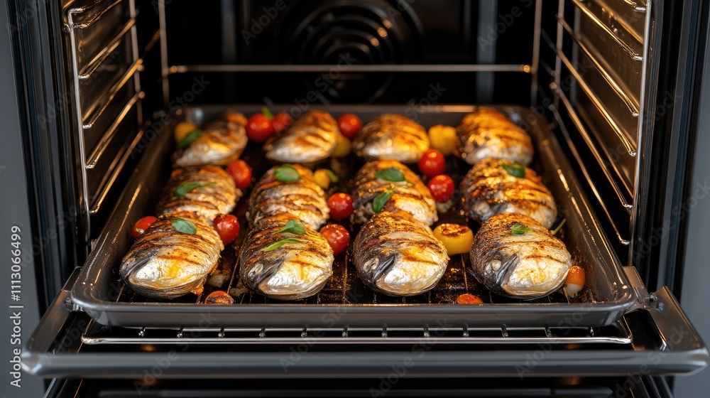 Fish fillets and assorted garden vegetables are ready to be served from an electric oven, showcasing a modern kitchen setup Fish fillets and assorted garden vegetables are ready to be served from an electric oven, showcasing a modern kitchen setup
