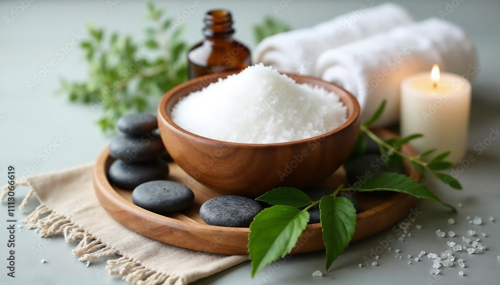 Relaxing spa setup featuring bath salts, smooth stones, and a candle. Ideal for promoting tranquility and wellness. Perfect for spa and wellness concepts.

