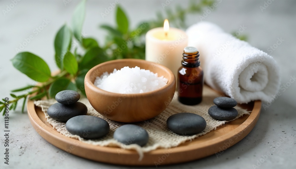 Relaxing spa setup featuring bath salts, smooth stones, and a candle. Ideal for promoting tranquility and wellness. Perfect for spa and wellness concepts.
Relaxing spa setup featuring bath salts, smooth stones, and a candle. Ideal for promoting tranquility and wellness. Perfect for spa and wellness concepts.
