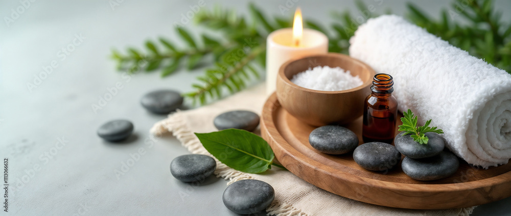 Relaxing spa setup featuring bath salts, smooth stones, and a candle. Ideal for promoting tranquility and wellness. Perfect for spa and wellness concepts.
Relaxing spa setup featuring bath salts, smooth stones, and a candle. Ideal for promoting tranquility and wellness. Perfect for spa and wellness concepts.