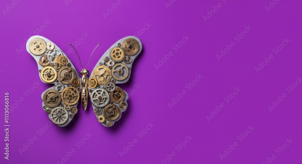 Fototapeta premium Steampunk butterfly made of gears on purple background