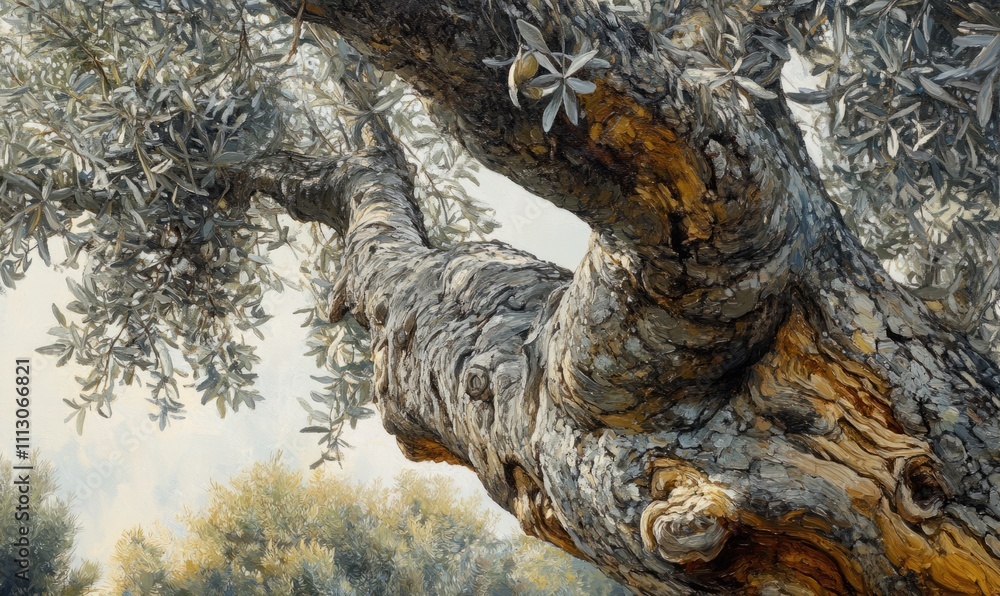 Close-up of an olive tree, focusing on the detailed view of the gnarled trunk and silvery leaves, possibly with dewdrops catching the morning light. Close-up of an olive tree, focusing on the detailed view of the gnarled trunk and silvery leaves, possibly with dewdrops catching the morning light.