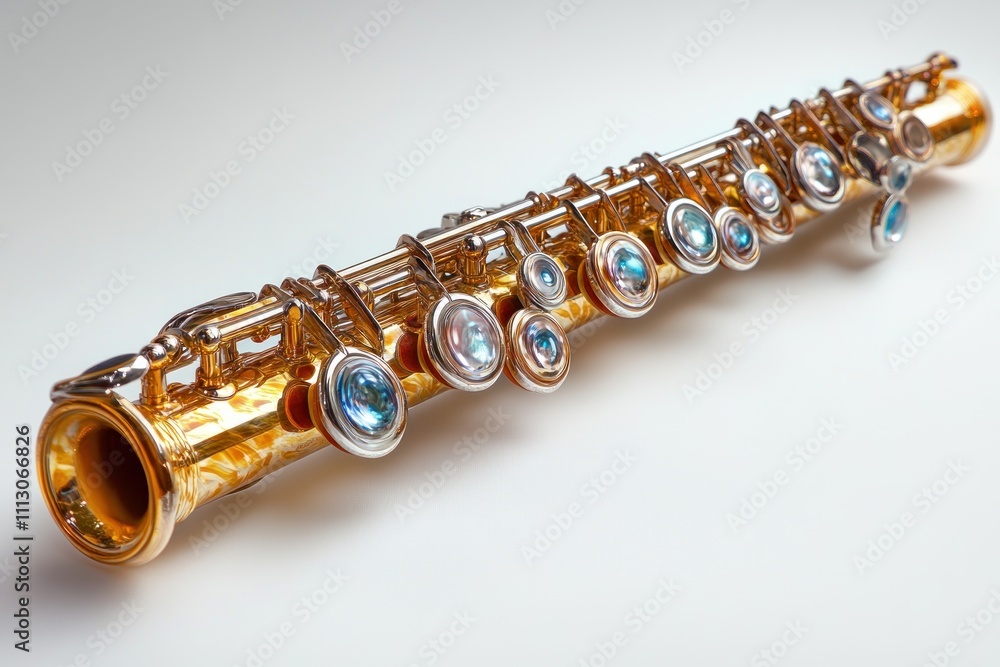 Naklejka premium Gold flute with silver keys and blue gems on a white background.
