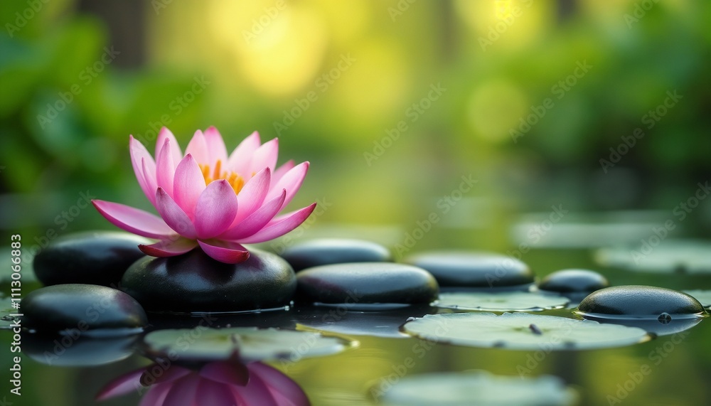 A beautiful pink lotus flower rests peacefully on smooth Zen stones, surrounded by lush greenery. This image evokes feelings of tranquility, balance, and natural harmony.
A beautiful pink lotus flower rests peacefully on smooth Zen stones, surrounded by lush greenery. This image evokes feelings of tranquility, balance, and natural harmony.