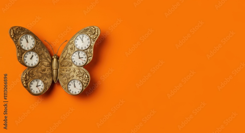 Ornate butterfly wall clock with intricate design on orange background Ornate butterfly wall clock with intricate design on orange background
