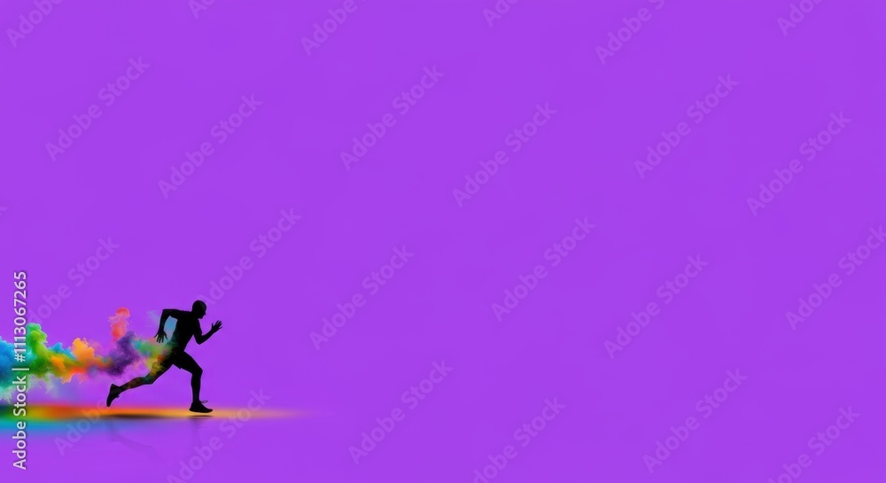 Silhouette of runner leaving colorful trail against purple background Silhouette of runner leaving colorful trail against purple background