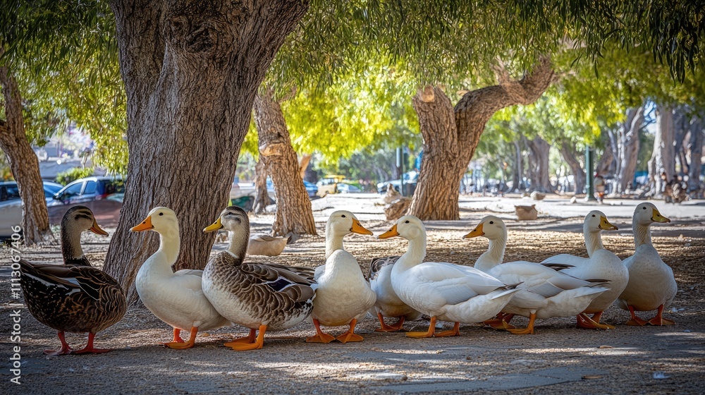 Fototapeta premium Group of Ducks Walking Under Trees in a Park Setting