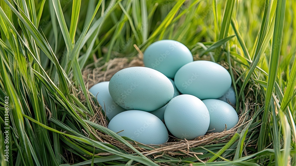 Blue Eggs Nestled in Green Grass Surrounded by Nature's Beauty Blue Eggs Nestled in Green Grass Surrounded by Nature's Beauty