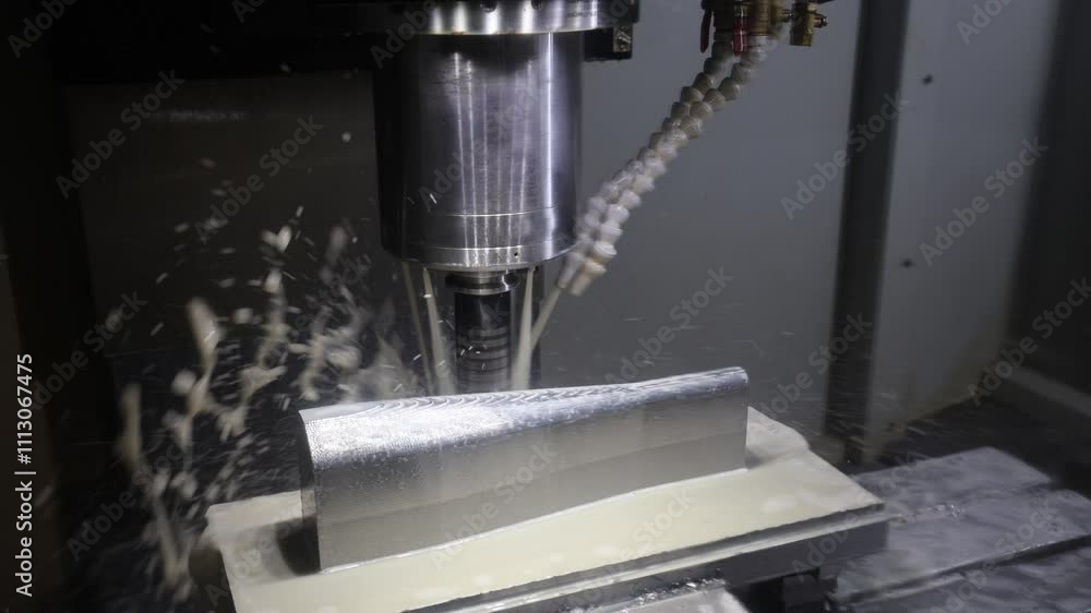 Working CNC milling machine with liquid coolant Working CNC milling machine with liquid coolant