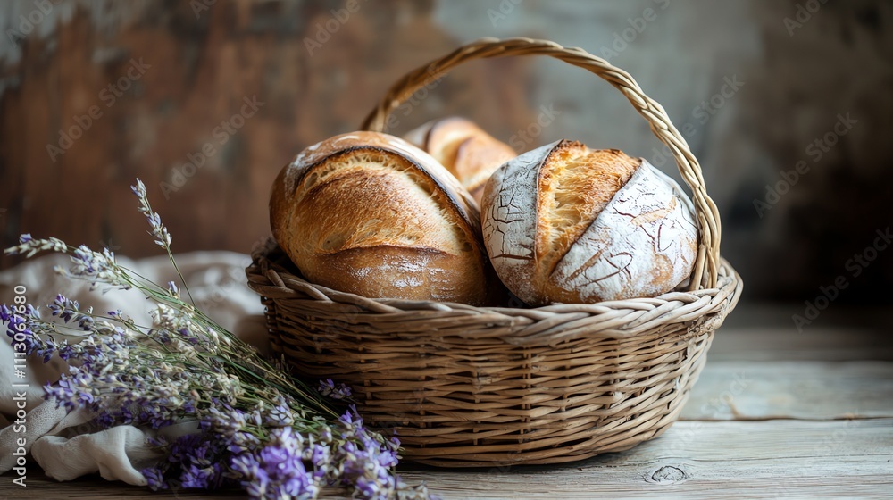 A wicker basket filled with freshly baked sourdough bread, resting on a rustic wooden table with lavender flowers. A wicker basket filled with freshly baked sourdough bread, resting on a rustic wooden table with lavender flowers.