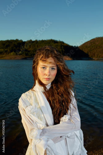 Portrait of a woman draped in a comfortable shirt photo