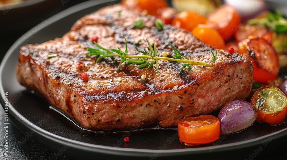 A succulent grilled steak served with colorful roasted vegetables on a black plate. A succulent grilled steak served with colorful roasted vegetables on a black plate.
