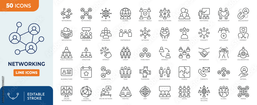 Networking line editable icon set. Containing network, connections, relationship, online networking, community, events, social network and more. Editable stroke. Vector illustration