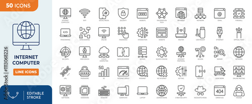 Internet computer line editable icon set. Containing online, computer, network, website, server, web design, hardware, software, programming and more. vector illustration.
