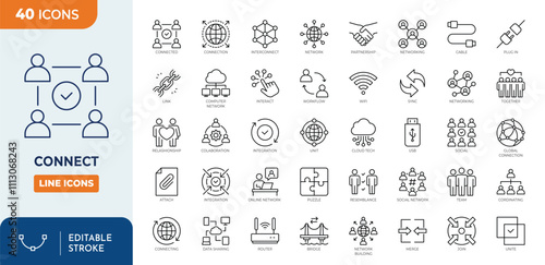 Connect line editable icon set. Connect icon set containing network, join, collaborate, interact, integration, connection, link, together, connectivity, interaction, connecting, cable and more. 