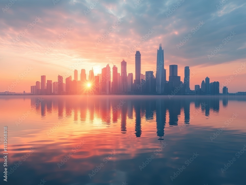 Fototapeta premium Sunset over a city skyline reflected in calm waters.